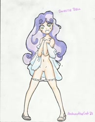 Size: 680x874 | Tagged: explicit, artist:anibaruthecat, sweetie belle, banned from derpibooru, child, clothes, female, human, humanized, imported from twibooru, lolicon, nudity, panties, panties pulled down, simple background, skirt, skirt lift, solo, solo female, traditional art, underage, underwear, vagina, vulva, white background