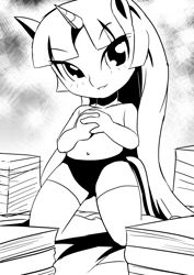 Size: 750x1061 | Tagged: suggestive, artist:kabutoro, twilight sparkle, ambiguous facial structure, anthro, banned from derpibooru, belly button, book, clothes, imported from twibooru, kneeling, lolicon, monochrome, panties, partial nudity, smiling, topless, underage, underwear, young