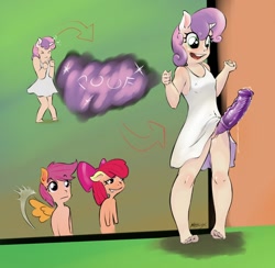 Size: 1232x1200 | Tagged: explicit, artist:masscox, apple bloom, scootaloo, sweetie belle, anthro, banned from derpibooru, clothes, cum, cutie mark crusaders, dress, foal, futa, horn, horsecock, imported from twibooru, intersex, lolicon, magic, nudity, penis, spread wings, underage, vagina, wingboner, wings