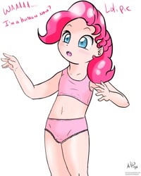 Size: 1200x1500 | Tagged: suggestive, artist:makoruu, pinkie pie, banned from derpibooru, belly button, bra, breasts, clothes, crop top bra, delicious flat chest, female, frilly underwear, human, humanized, imported from twibooru, lolicon, panties, pink underwear, simple background, solo, underage, underwear, white background