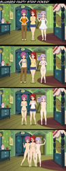 Size: 1648x4234 | Tagged: explicit, apple bloom, scootaloo, sweetie belle, banned from derpibooru, belly button, bra, breasts, clothed female nude female, clothes, comic, covering, embarrassed, embarrassed nude exposure, female, frilly underwear, gray underwear, human, humanized, imported from twibooru, kisekae, lolicon, nipples, nudity, older, panties, partial nudity, pink underwear, selfie, stripping, topless, underage, underwear, vulva