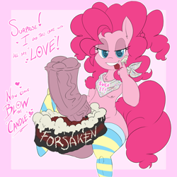 Size: 1600x1600 | Tagged: explicit, artist:sanyo2100, pinkie pie, anthro, banned from derpibooru, belly, birthday, breasts, cake, clothes, delicious flat chest, female, food, futa, futa pinkie pie, imported from twibooru, impossibly large penis, intersex, lolicon, nipples, nudity, penis, pigtails, pudgy, socks, solo, stockings, striped socks, thigh highs, underage