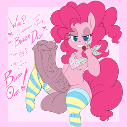 Size: 1600x1600 | Tagged: explicit, artist:sanyo2100, pinkie pie, anthro, banned from derpibooru, belly, birthday, breasts, clothes, delicious flat chest, female, futa, futa pinkie pie, imported from twibooru, impossibly large penis, intersex, lolicon, nipples, nudity, penis, pigtails, pudgy, socks, solo, stockings, striped socks, thigh highs, underage
