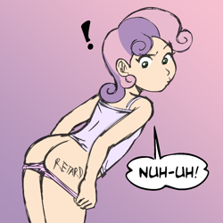 Size: 945x945 | Tagged: questionable, artist:megasweet, sweetie belle, ass, banned from derpibooru, butt, clothes, cutie mark, human, human coloration, humanized, imported from twibooru, lolicon, nudity, older, plot, solo, underage, underwear, undressing
