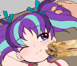 Size: 872x741 | Tagged: suggestive, starlight glimmer, artist needed, banned from derpibooru, blushing, cropped, edit, food, human, humanized, imported from twibooru, light skin, lolicon, not porn, offscreen character, one eye closed, pigtails, ribbon, sandwich, sandwich censorship, smiling, underage, younger