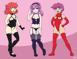 Size: 4500x3500 | Tagged: explicit, artist:chango-tan, apple bloom, scootaloo, sweetie belle, alternate hairstyle, alternate version, banned from derpibooru, bloomdom, bondage, bondage gear, breasts, choker, clothes, corset, crotchless panties, cupless bra, cupless corset, cutie mark crusaders, delicious flat chest, dominatrix, female, females only, human, human female, humanized, imported from twibooru, latex, leotard, lingerie, lolicon, makeup, nipples, nudity, panties, scootadom, simple background, smiling, sweetiedom, thong, thong leotard, trio, trio female, underage, underwear, vagina
