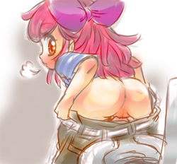 Size: 1000x928 | Tagged: explicit, artist:unkimo, apple bloom, anus, ass, banned from derpibooru, bow, butt, clothes, female, hair bow, huff, human, humanized, imported from twibooru, lolicon, nudity, pants, potty time, source needed, toilet, underage, undressing, vulva