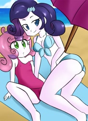 Size: 1093x1500 | Tagged: suggestive, artist:hidden-cat, rarity, sweetie belle, banned from derpibooru, barefoot, beach, beach towel, bedroom eyes, bikini, bikini top, cameltoe, clothes, edit, equestria girls, erect nipples, feet, female, i need an adult, imported from twibooru, incest, lesbian, lolicon, nipple outline, raribelle, raricest, sex, shipping, stealth sex, swimsuit, umbrella, underage