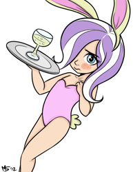 Size: 500x647 | Tagged: questionable, artist:allosaurus, artist:megasweet, diamond tiara, banned from derpibooru, blushing, bunny ears, bunny suit, cameltoe, clothes, color edit, colored, edit, human, human coloration, humanized, imported from twibooru, lolicon, recolor, underage, young