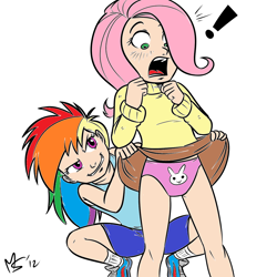 Size: 1280x1280 | Tagged: suggestive, artist:megasweet, fluttershy, rainbow dash, assisted exposure, banned from derpibooru, blushing, bunny print underwear, clothes, delicious flat chest, embarrassed, female, flattershy, human, human coloration, humanized, humiliation, imported from twibooru, legs, lolicon, panties, pink underwear, prank, skirt, skirt lift, sweater, sweatershy, underage, underwear, upskirt, young, younger