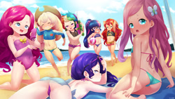 Size: 3840x2160 | Tagged: questionable, artist:born-to-die, applejack, fluttershy, pinkie pie, rainbow dash, rarity, twilight sparkle, spoiler:eqg specials, banned from derpibooru, beach, beach shorts swimsuit, bikini aside, clothes, equestria girls, human, humane five, humane seven, humane six, imported from twibooru, lolicon, sci-twi, sunset shimmer, swimsuit, swimsuit aside, underage