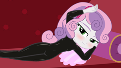 Size: 1920x1080 | Tagged: questionable, artist:cloppy hooves, sweetie belle, adorasexy, banned from derpibooru, blushing, cameltoe, couch, cute, edit, equestria girls, erect nipples, female, imported from twibooru, latex, latex suit, lolicon, nipple outline, sexy, solo, solo female, underage