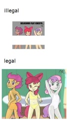 Size: 260x481 | Tagged: questionable, apple bloom, scootaloo, sweetie belle, anthro, banned from derpibooru, breasts, censored, cutie mark crusaders, delicious flat chest, imported from twibooru, lolicon, looking at you, low res image, meta, one eye closed, paradox, smiling, underage, wink