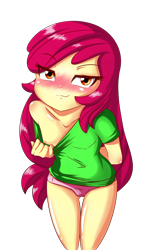 Size: 1046x1829 | Tagged: questionable, artist:trainbang, apple bloom, banned from derpibooru, bedroom eyes, blushing, breasts, eye clipping through hair, eyebrows visible through hair, eyelashes, female, flashing boobs, human, humanized, imported from twibooru, lolicon, long hair, looking at you, nipples, no bra underneath, nudity, pink panties, sexy, shiny skin, signature, simple background, small breasts, smiling, smirk, solo, solo female, teasing, thigh gap, transparent background, underage