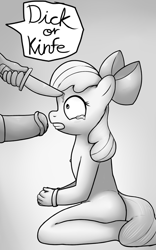Size: 1250x2000 | Tagged: explicit, semi-grimdark, artist:cantdrawforshit, apple bloom, anthro, banned from derpibooru, blood, breasts, crying, cuffs, death threat, delicious flat chest, earth pony, handcuffed, horsecock, imminent rape, imminent sex, imported from twibooru, knife, lolicon, nudity, penis, pony, threat, underage