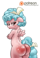 Size: 1035x1500 | Tagged: suggestive, artist:smudge proof, adorasexy, anthro, ass, banned from derpibooru, breasts, butt, cozy glow, crying, cute, imported from twibooru, lolicon, nudity, patreon, pegasus, pom pom, pouting, school raze, scrunchy face, sexy, show accurate clothing, simple background, solo, spank mark, spanked, stupid sexy cozy glow, transparent background, underage