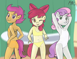 Size: 1155x892 | Tagged: suggestive, artist:megasweet, artist:zeklullaby, apple bloom, scootaloo, sweetie belle, anthro, armpits, banned from derpibooru, bikini, clothes, cutie mark crusaders, edit, female, implied lolicon, imported from twibooru, lolicon, one-piece swimsuit, swimsuit, underage