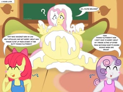 Size: 1280x960 | Tagged: explicit, artist:touhoufan, apple bloom, fluttershy, sweetie belle, aftersex, anthro, banned from derpibooru, bat pony, belly, big belly, big breasts, breasts, busty fluttershy, cum, cum inflation, cum on body, cum on hair, flutterbat, implied incest, imported from twibooru, inflation, lolicon, race swap, underage