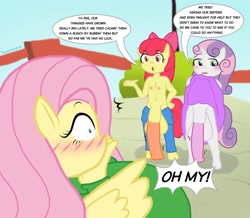 Size: 1280x1117 | Tagged: explicit, artist:touhoufan, apple bloom, fluttershy, sweetie belle, anthro, banned from derpibooru, bat pony, big penis, breasts, busty fluttershy, fifth leg, flashing, flutterbat, futa, futa apple bloom, futa sweetie belle, hyper, imported from twibooru, impossibly large penis, intersex, lolicon, nudity, penis, race swap, underage