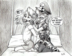 Size: 792x612 | Tagged: suggestive, artist:bhawk, diamond tiara, silver spoon, arm behind back, ballgag, banned from derpibooru, bed, bondage, clothes, costume, cuffs, cutie mark accessory, diamondsub tiara, female, females only, gag, hand cuffs, handcuffed, hands behind back, human, humanized, imported from twibooru, lesbian, lolicon, monochrome, police uniform, roleplay, shipping, silverdom, silvertiara, speech bubble, traditional art, underage
