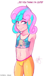 Size: 541x825 | Tagged: questionable, artist:dragk, princess flurry heart, adorable face, banned from derpibooru, belly button, cameltoe, clothes, cute, flurrybetes, frozen, human, humanized, imported from twibooru, lolicon, pants, queen elsa, smiling, solo, underage, yoga pants, young