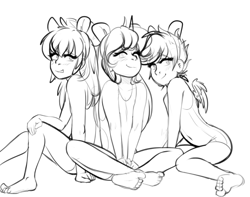 Size: 914x721 | Tagged: suggestive, artist:sugarlesspaints, apple bloom, scootaloo, sweetie belle, banned from derpibooru, clothes, cutie mark crusaders, human, humanized, imported from twibooru, lolicon, monochrome, one-piece swimsuit, pony ears, simple background, sketch, swimsuit, underage, white background, winged humanization, wings