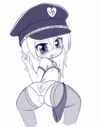 Size: 2500x3200 | Tagged: questionable, artist:an-m, oc, oc:aryanne, anatomically incorrect, ass, banned from derpibooru, bloomers, blushing, butt, cameltoe, clothes, female, hat, human, humanized, humanized oc, imported from twibooru, lolicon, looking at you, national socialism, nipples, nudity, panties, socks, swastika, thighs, tongue out, underage, underwear