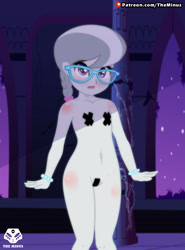 Size: 1920x2600 | Tagged: questionable, artist:theminus, silver spoon, banned from derpibooru, breasts, delicious flat chest, equestria girls, female, glasses, imported from twibooru, lolicon, maebari, nipple tape, nudity, older, pasties, patreon, patreon logo, solo, solo female, underage