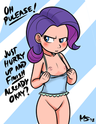 Size: 1041x1347 | Tagged: explicit, artist:megasweet, rarity, banned from derpibooru, breasts, delicious flat chest, human, human coloration, humanized, imported from twibooru, lolicon, solo, text, underage