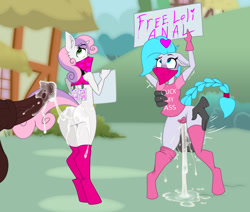 Size: 1239x1052 | Tagged: explicit, artist:lil miss jay, sweetie belle, oc, oc:dawny, aftersex, ahegao, anal, anal creampie, anthro, ass, balls, balls deep, bandana, banned from derpibooru, bimbo, bottomless, braided tail, bukkake, butt, clothes, creampie, cum, cum on ass, cum trail, cumming, dripping, dripping cum, exhibitionism, heart eyes, imported from twibooru, kneesocks, lolicon, maebari, nudity, offscreen character, open mouth, partial nudity, pasties, penetration, penis, public, public sex, pulling out, sex, sign, socks, thigh highs, tongue out, underage, wingding eyes