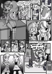 Size: 1240x1748 | Tagged: suggestive, artist:anibaruthecat, diamond tiara, silver spoon, sweetie belle, comic:after classes, after classes, banned from derpibooru, clothes, comic, equestria girls, female, imported from twibooru, kissing, lesbian, lolicon, monochrome, panties, panty shot, shipping, silvertiara, striped underwear, underage, underwear