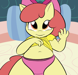 Size: 830x800 | Tagged: questionable, artist:lamia, apple bloom, anthro, banned from derpibooru, belly, belly button, clothes, imported from twibooru, lolicon, looking at you, midriff, on back, panties, pink underwear, shirt, shirt lift, underage, underwear