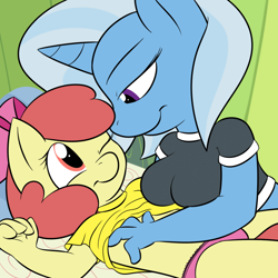 Size: 800x800 | Tagged: questionable, artist:lamia, apple bloom, age difference, anthro, banned from derpibooru, breasts, clothes, female, grope, imported from twibooru, lesbian, lolicon, mare on filly, panties, shipping, trixie, trixiebloom, underage, underwear