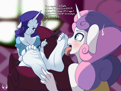 Size: 2732x2048 | Tagged: questionable, artist:bronypanda, rarity, sweetie belle, anthro, banned from derpibooru, barefoot, blushing, breasts, clothes, couch, dialogue, drool, duo, feet, female, fetish, foot fetish, foot worship, imported from twibooru, incest, lesbian, licking, licking foot, lolicon, looking at each other, plantigrade anthro, punishment, raribelle, raricest, riding crop, shipping, siblings, sisters, soles, sweat, sweatdrop, toes, tongue out, underage