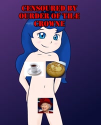Size: 850x1050 | Tagged: questionable, princess luna, banned from derpibooru, censored, food, human, humanized, imported from twibooru, lolicon, nudity, queen elizabeth ii, tea, underage