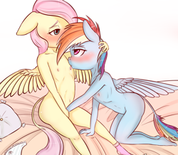 Size: 1348x1177 | Tagged: explicit, artist:jonathan the awesome, fluttershy, rainbow dash, anthro, banned from derpibooru, bed, belly button, blushing, breasts, clothes, delicious flat chest, eyebrows, female, filly on filly, filly rainbow dash, floppy ears, flutterdash, imported from twibooru, lesbian, lolicon, looking at each other, masturbation, nipple licking, nipple stimulation, nipples, nudity, panties, pillow, shipping, underage, underwear, wings, younger