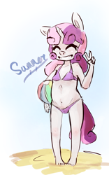 Size: 1000x1600 | Tagged: suggestive, artist:elijah, sweetie belle, anthro, banned from derpibooru, beach ball, belly button, bikini, breasts, clothes, delicious flat chest, female, freckles, imported from twibooru, lolicon, peace sign, plantigrade anthro, solo, swimsuit, text, underage, unicorn