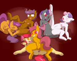 Size: 2500x2000 | Tagged: explicit, grimdark, artist:saurian, apple bloom, scootaloo, sweetie belle, ahegao, analingus, anthro, anus, banned from derpibooru, breasts, clitoris, doppleganger, earth pony, female, females only, group sex, imported from twibooru, lesbian, lolicon, nudity, open mouth, oral, orgy, rape, sex, shipping, tongue out, tribadism, underage, unicorn, vagina