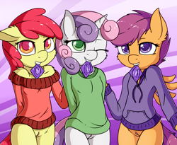 Size: 2454x2016 | Tagged: explicit, artist:fearingfun, apple bloom, scootaloo, sweetie belle, anthro, banned from derpibooru, bottomless, clitoral hood, clothes, condom, condom in mouth, cutie mark crusaders, earth pony, female, foalcon, hoodie, imported from twibooru, lolicon, mouth hold, nudity, partial nudity, pegasus, sweater, underage, unicorn, vagina, vulva, winking at you, young