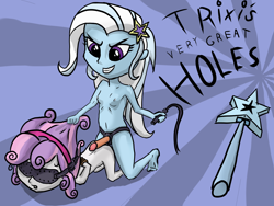 Size: 1600x1200 | Tagged: explicit, artist:hideki4, sweetie belle, :o, banned from derpibooru, barefoot, equestria girls, face down ass up, feet, female, glare, grin, hair pulling, imminent sex, imported from twibooru, lesbian, lolicon, magic wand, nudity, open mouth, sex toy, smiling, smirk, strapon, trixie, underage, whip