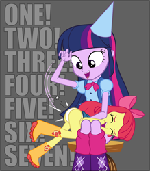 Size: 635x724 | Tagged: suggestive, artist:cheesepuffs, apple bloom, twilight sparkle, banned from derpibooru, birthday, clothes, equestria girls, hat, imported from twibooru, laughing, lolicon, pain star, panties, party hat, spanking, underage, underwear