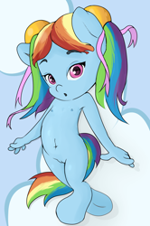 Size: 1685x2535 | Tagged: explicit, artist:mdgusty, rainbow dash, :o, anthro, banned from derpibooru, belly button, breasts, delicious flat chest, female, filly rainbow dash, imported from twibooru, lolicon, nipples, nudity, open mouth, pigtails, solo, solo female, underage, unguligrade anthro, vulva, younger