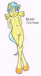 Size: 379x700 | Tagged: explicit, artist:rdk, anthro, banned from derpibooru, belly button, breasts, delicious flat chest, female, imported from twibooru, lolicon, nudity, rainy feather, solo, solo female, traditional art, underage, unguligrade anthro, vulva