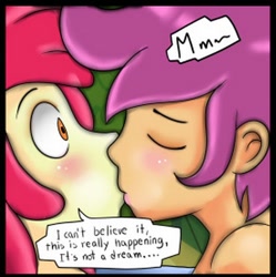 Size: 413x414 | Tagged: suggestive, artist:theminus, apple bloom, scootaloo, banned from derpibooru, dialogue, equestria girls, female, imported from twibooru, kissing, lesbian, lolicon, scootabloom, shipping, underage