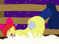 Size: 1024x768 | Tagged: explicit, artist:lefthighkick, apple bloom, ahegao, anthro, applebucking thighs, banned from derpibooru, big penis, cum, excessive cum, face down ass up, female, horsecock, imported from twibooru, impossibly large penis, lolicon, male, night, nudity, open mouth, outdoor sex, outdoors, penis, sex, straight, subliminal message, tongue out, underage