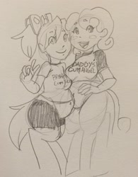 Size: 1477x1898 | Tagged: explicit, artist:/d/non, oc, oc:gumdrop, oc:hope, banned from derpibooru, cocksock shirt, cocksocking, electra complex, female, implied incest, imported from twibooru, inbred, lolicon, oc only, offspring, parent:bon bon, parent:lyra heartstrings, pregnant, satyr, siblings, sisters, underage, vulgar