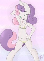 Size: 2530x3498 | Tagged: questionable, artist:mdgusty, sweetie belle, adorasexy, anthro, armpits, banned from derpibooru, bedroom eyes, belly button, bikini, cameltoe, clothes, cute, cute little fangs, fangs, female, imported from twibooru, lolicon, looking at you, one eye closed, open mouth, sexy, solo, solo female, swimsuit, underage, wink