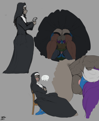 Size: 2300x2808 | Tagged: explicit, artist:infernalbeggar, oc, oc:nips, oc:violet skies, anthro, ball worship, balls, balls fetish, banned from derpibooru, blowjob, crossdressing, deepthroat, fetish, imported from twibooru, lolicon, nudity, nun, oc only, oral, penis, sex, stealth sex, tongue out, underage, worship