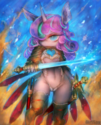 Size: 1457x1800 | Tagged: questionable, artist:girlsay, princess flurry heart, anthro, armor, banned from derpibooru, belly button, female, imported from twibooru, lolicon, odin sphere, patreon, patreon logo, solo, solo female, sword, unconvincing armor, underage, weapon