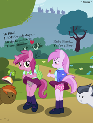 Size: 3362x4428 | Tagged: questionable, artist:tolpain, button mash, :3, anthro, aunt and niece, banned from derpibooru, butterfly print underwear, candy, clothes, dialogue, embarrassed, embarrassed underwear exposure, female, flower pattern underwear, food, imported from twibooru, lolicon, lollipop, mary janes, outdoors, panties, panty shot, pink underwear, piña colada, purple underwear, ruby pinch, rumble, shoes, skirt, skirt lift, underage, underwear, upskirt, wind, windy